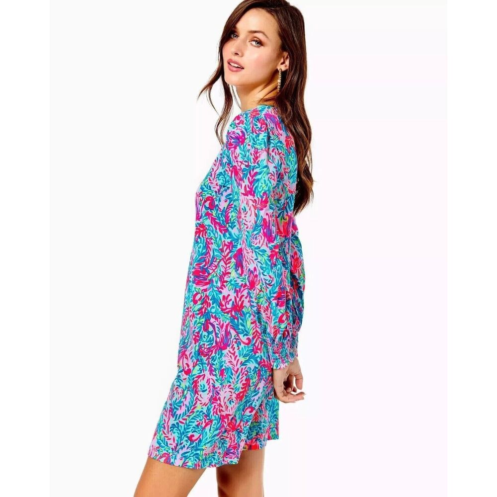 Lilly Pulitzer Diann Long Sleeve Mini Dress Smocked Printed Cotton Xs New 272590 View 4